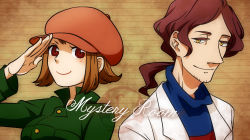 Rule 34 | 1boy, 1girl, alfendi layton, blush, brown hair, cabbie hat, colored eyelashes, copyright name, detective, english text, facial hair, flipped hair, hat, lab coat, layton brothers: mystery room, looking at viewer, lucy creila, parted bangs, ponytail, professor layton, red eyes, salute, short hair, smile, striped, striped background, stubble, turtleneck, wavy hair, yago (tutu), yellow eyes