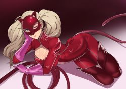 Rule 34 | 1girl, aqua eyes, blon, blonde hair, blush, bodysuit, breasts, cleavage, cleavage cutout, clothing cutout, globburt, gloves, highres, latex, latex bodysuit, long hair, looking at viewer, lying, mask, on side, one eye closed, persona, persona 5, persona 5 the royal, pink gloves, red bodysuit, solo, tail, takamaki anne, thighhighs, twintails, whip