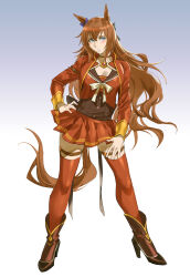 Rule 34 | 1girl, absurdres, animal ears, blue eyes, blush, boots, bow, breasts, brown footwear, brown hair, cleavage, commentary request, full body, gradient background, hair between eyes, hair bow, hand on own hip, high heel boots, high heels, highres, horse ears, horse girl, horse tail, long hair, maruzensky (umamusume), medium breasts, ruukii drift, simple background, smile, solo, standing, tail, thigh strap, thighhighs, thighhighs under boots, umamusume, very long hair, zettai ryouiki