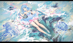 Rule 34 | 1girl, atdan, bare shoulders, blue dress, blue eyes, blue footwear, blue hair, breasts, cleavage, commentary request, dress, hair between eyes, haiyi, highres, jellyfish, jellyfish hair ornament, long hair, looking at viewer, lying, medium breasts, on back, parted lips, sandals, short dress, solo, strapless, strapless dress, vocaloid, water