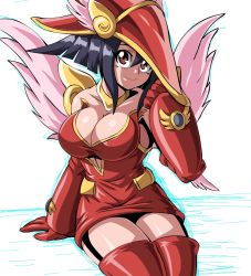 Rule 34 | 1girl, apple magician girl, bare shoulders, black hair, breasts, brown eyes, cleavage, dress, duel monster, garter straps, gloves, hair between eyes, hat, large breasts, lewdamone, looking at viewer, red gloves, red hat, red thighhighs, short dress, sitting, smile, solo, thighhighs, wizard hat, yu-gi-oh!