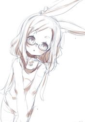 Rule 34 | 1girl, animal ears, azuki akizuki, furry, furry female, glasses, long hair, low twintails, monochrome, original, own hands together, rabbit ears, rabbit girl, shirt, sketch, sleeveless, sleeveless shirt, solo, twintails, v arms