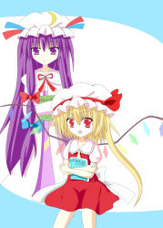 Rule 34 | 2girls, azel (laevateinn495), blonde hair, book, cover, cover page, embodiment of scarlet devil, fang, female focus, flandre scarlet, hair ribbon, hat, highres, holding, long hair, math, multiple girls, open mouth, patchouli knowledge, purple eyes, purple hair, red eyes, ribbon, touhou, wings
