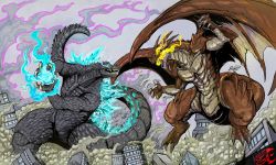 Rule 34 | battle, city, claws, creature, crossover, destruction, dragon, dragon ball, dragon horns, dragon tail, dragon wings, dust, dust cloud, energy ball, fairy tail, fighting, fire, flying, gabe-tke, giant, giant monster, glowing, glowing eyes, glowing mouth, godzilla, godzilla (series), highres, horns, igneel, incoming attack, kaijuu, kamehameha (dragon ball), large wings, monster, no humans, open mouth, powering up, scales, sharp teeth, smoke, tail, teeth, western dragon, wings
