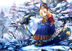Rule 34 | 1girl, animal, animal ears, artist name, bird, bird nest, blue dress, blue hat, braid, braided bun, brown eyes, capelet, commentary, day, dress, english commentary, forest, fringe trim, hair bun, hat, horns, light brown hair, log, long sleeves, looking at viewer, mittens, nature, noki (affabile), original, outdoors, own hands together, pleated dress, pom pom (clothes), sheep, sheep ears, sheep girl, sheep horns, shoes, sitting, smile, snow, snowflakes, solo, sparkle, tree, watermark, web address, winter