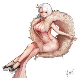 Rule 34 | 1girl, absurdres, aqua eyes, artist name, audrey dreamweaver, backless dress, backless outfit, bad id, bad pixiv id, black footwear, blunt bangs, blush, breasts, cleavage, dress, earrings, full body, fur scarf, grey nails, high heels, highres, invisible chair, jewelry, last origin, looking at viewer, medium hair, nail polish, parted lips, pink dress, simple background, sitting, solo, white background, white hair, yosik