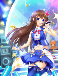 Rule 34 | 1girl, ankimo (tokino sora), blue eyes, blush, brown hair, commentary request, hair ornament, highres, hololive, leg up, looking at viewer, microphone, music, navel, open mouth, rocky0206, singing, sleeveless, solo, stage, stage lights, thighhighs, tokino sora, tokino sora (1st costume), virtual youtuber