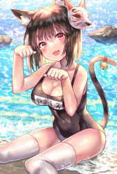 Rule 34 | 1girl, :d, absurdres, animal ear fluff, animal ears, azur lane, bare arms, bare shoulders, beach, bell, black hair, breasts, cat ears, cat girl, cat mask, cat tail, cleavage, collarbone, day, denchu (kazudentyu), fang, head tilt, highres, jingle bell, looking at viewer, mask, mask on head, medium breasts, name tag, one-piece swimsuit, open mouth, paw pose, red eyes, rock, school swimsuit, short hair, sitting, smile, solo, swimsuit, tail, tail bell, tail ornament, tail raised, thighhighs, water, white thighhighs, yamashiro (azur lane), yamashiro (summer offensive?) (azur lane)
