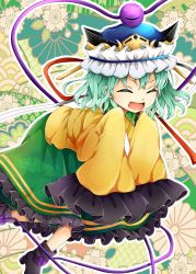 Rule 34 | 1girl, absurdres, black footwear, commentary request, cosplay, closed eyes, floral print, frilled skirt, frilled sleeves, frills, green hair, green skirt, heart, highres, komeiji koishi, open mouth, rnkgmn, shiki eiki, shiki eiki (cosplay), shirt, shoes, skirt, sleeves past wrists, smile, solo, third eye, touhou, wide sleeves, yellow shirt