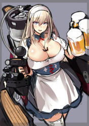 Rule 34 | 10s, 1girl, alcohol, alternate costume, anchor, beer, beer mug, bismarck (kancolle), blonde hair, blush, breasts, cleavage, cleavage cutout, clothing cutout, cup, dirndl, dress, female focus, german clothes, hairband, huge breasts, kantai collection, large breasts, long hair, looking at viewer, mecha musume, mug, oktoberfest, open mouth, pink eyes, smile, solo, takamura wamu, thighhighs, tray, zettai ryouiki