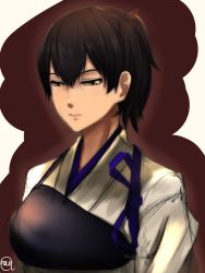 Rule 34 | 10s, 1girl, blush, breasts, brown eyes, brown hair, highres, japanese clothes, kaga (kancolle), kantai collection, lips, muneate, noica, personification, portrait, short hair, side ponytail, solo