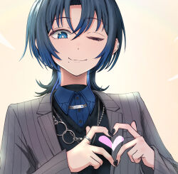 Rule 34 | 1girl, black nails, black shirt, blue eyes, blue hair, blue shirt, collared shirt, grey jacket, heart, heart hands, highres, hiodoshi ao, hololive, hololive dev is, jacket, jewelry, mole, mole under mouth, nail polish, one eye closed, reiwa rerere, ring, shirt, short hair, smile, solo, striped clothes, striped jacket, vertical-striped clothes, vertical-striped jacket, virtual youtuber