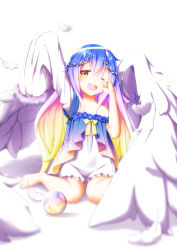 Rule 34 | 1girl, absurdres, angel, angel wings, aoi thomas, arm up, bare shoulders, blonde hair, blue hair, blurry, blurry background, blush, brown eyes, collarbone, commentary request, depth of field, dress, feathered wings, feathers, globe, gradient hair, hair between eyes, halo, highres, long hair, long sleeves, multicolored hair, one eye closed, open mouth, original, purple hair, single sleeve, sitting, sleeves past fingers, sleeves past wrists, solo, very long hair, wariza, white background, white dress, white feathers, white wings, wings