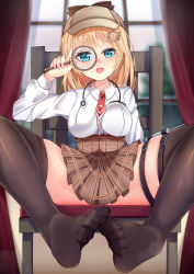 Rule 34 | 1girl, absurdres, black thighhighs, blonde hair, blue eyes, blush, breasts, chair, collared shirt, curtains, deerstalker, detective, feet, feet together, hair between eyes, hair ornament, hand up, hat, high-waist skirt, highres, holding, holding magnifying glass, hololive, hololive english, indoors, knees apart feet together, long sleeves, looking at viewer, magnification, magnifying glass, medium breasts, monkey kusai, mustache print, necktie, no shoes, open mouth, plaid, plaid skirt, red necktie, shirt, short hair, short necktie, sitting, skirt, smile, solo, spread legs, stethoscope, syringe, thigh strap, thighhighs, thighs, toes, virtual youtuber, watson amelia, watson amelia (1st costume), white shirt, window