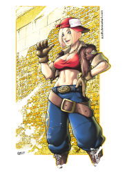 Rule 34 | 1girl, backwards hat, baggy pants, baseball cap, belt, blonde hair, blue eyes, blue mary, bomber jacket, boots, breasts, brick wall, cropped jacket, cross-laced footwear, fatal fury, fernando kazuo miyahara, gloves, hat, highres, jacket, jewelry, knee boots, lace-up boots, large breasts, midriff, narrow waist, navel, necklace, open clothes, open jacket, pants, pointing, pointing at self, short hair, sleeves rolled up, snk, solo, straight hair, strapless, the king of fighters, tube top