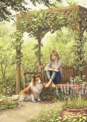 Rule 34 | 1girl, anbe yoshirou, barefoot, bench, blonde hair, blouse, blue eyes, collie (dog), crossed ankles, day, denim, dirt, dog, feet on chair, flower, flower pot, garden, grass, hand in own hair, highres, jeans, jewelry, knees up, light smile, long hair, long sleeves, looking at viewer, necklace, original, outdoors, pants, plant, potted plant, sandals, unworn sandals, shirt, shoes, unworn shoes, sitting, smile, solo, vines, white shirt, wristband