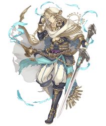 Rule 34 | 1boy, abs, aladdin (sinoalice), blonde hair, blue eyes, boots, bridal gauntlets, cloak, full body, gold trim, hood, hooded cloak, ji no, looking at viewer, male focus, official art, sinoalice, solo, sword, tattoo, transparent background, weapon