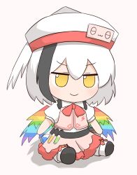 Rule 34 | 1girl, belt, black hair, book, collared dress, coruthi, dress, feathered wings, fumo (doll), hat, highres, hollow song of birds, long hair, multicolored hair, neck ribbon, rainbow wings, ribbon, solo, torisumi horou, touhou, two-tone hair, very long hair, white hair, wings, yellow eyes