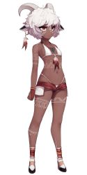 Rule 34 | 1girl, animal ears, bare arms, bare shoulders, bikini, bikini under clothes, breasts, bridal gauntlets, brown eyes, closed mouth, curled horns, dark-skinned female, dark skin, dev (dev0614), ear piercing, feathers, full body, goat ears, goat horns, hair between eyes, highres, hooves, horns, looking away, micro shorts, navel, open clothes, open fly, open shorts, original, piercing, red feathers, red shorts, shorts, simple background, small breasts, solo, swimsuit, transparent background, white background, white bikini, white hair