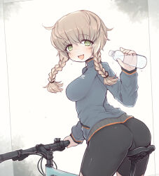 Rule 34 | 1girl, amane suzuha, ass, bicycle, bike shorts, black shorts, blue jacket, bottle, braid, breasts, brown hair, crab man, from behind, green eyes, jacket, long hair, looking back, medium breasts, open mouth, shorts, smile, solo, steins;gate, thighs, track jacket, twin braids, water bottle