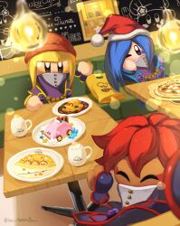 Rule 34 | 3girls, alternate costume, beanie, blonde hair, blue hair, cake, car-mouth cake, chalkboard, chef kawasaki, closed eyes, disembodied hand, flamberge (kirby), food, francisca (kirby), hat, highres, kirby, kirby: star allies, kirby (series), kirby cafe, leo taranza, looking at viewer, multiple girls, nintendo, one eye closed, rayman limbs, red hair, santa hat, solid oval eyes, table, waddle dee, zan partizanne