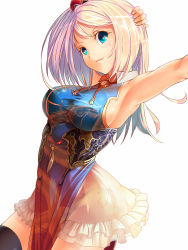 Rule 34 | 1girl, aqua eyes, arm behind head, arm up, armpits, bare shoulders, black panties, black thighhighs, blonde hair, breasts, china dress, chinese clothes, cloud print, dragon, dragon print, dress, eastern dragon, from side, highres, iltusa, large breasts, lips, long hair, original, panties, parted bangs, see-through, short dress, side-tie panties, simple background, solo, thighhighs, underwear, white background