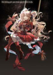 Rule 34 | 1girl, absurdres, arknights, asymmetrical legwear, black background, blurry, bokeh, boots, bow, bowtie, depth of field, english text, frilled skirt, frills, hair bow, highres, holding, holding microphone, ikag, jacket, long hair, looking at viewer, microphone, mismatched legwear, necktie, official alternate costume, orange hair, pinecone (arknights), pinecone (sing a song) (arknights), red bow, red bowtie, red footwear, red jacket, red necktie, red skirt, shirt, single sock, single thighhigh, skirt, socks, solo, swing, thighhighs, twintails, very long hair, white shirt