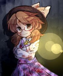 Rule 34 | 1girl, bow, brown eyes, brown hair, bruise, checkered clothes, checkered skirt, checkered vest, dirty, dirty clothes, frown, glasses, grey background, hat, hat bow, injury, lens flare, low twintails, pote (ptkan), red-framed eyewear, self hug, skirt, solo, sweatdrop, tears, touhou, twintails, usami sumireko, vest, wavy mouth