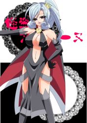 Rule 34 | 10s, 1girl, arsene, bare shoulders, black eyes, black thighhighs, blue hair, breasts, capelet, crown, elbow gloves, female focus, gloves, henriette mystere, lalala laychan, large breasts, navel, solo, standing, tantei opera milky holmes, thighhighs, thighs