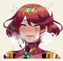Rule 34 | 1girl, after kiss, ahegao, bad id, bad twitter id, chest jewel, crying, drooling, highres, lips, makeup, mascara, mind break, nintendo, nyantcha, open mouth, pale skin, portrait, pyra (xenoblade), red eyes, red hair, rolling eyes, runny makeup, saliva, saliva trail, short hair, solo, swept bangs, tears, teeth, tiara, tongue, xenoblade chronicles (series), xenoblade chronicles 2
