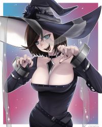 Rule 34 | 1girl, arms up, artist name, black choker, black dress, black hat, blue eyes, border, breasts, brown hair, choker, cleavage, collarbone, commentary, darkpulsegg, dress, english commentary, girls&#039; frontline, grin, happy halloween, hat, highres, intruder (girls&#039; frontline), intruder (sorceress of the end) (girls&#039; frontline), large breasts, long sleeves, looking at viewer, medium hair, nail polish, official alternate costume, open mouth, parted lips, red lips, red nails, sangvis ferri, simple background, smile, solo, upper body, white border, witch, witch hat