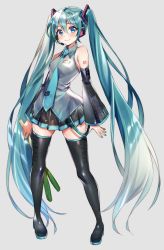 Rule 34 | 1girl, absurdres, aqua hair, aqua necktie, black footwear, black skirt, black thighhighs, blue eyes, blush, boots, closed mouth, derivative work, detached sleeves, food, full body, grey background, hatsune miku, headset, highres, long hair, looking at viewer, natsuki iori, necktie, pleated skirt, simple background, skirt, smile, solo, spring onion, standing, thigh boots, thighhighs, twintails, vegetable, very long hair, vocaloid, vocaloid boxart pose, zettai ryouiki