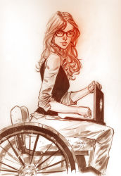 Rule 34 | 1girl, 2013, barbara gordon, batman (series), computer, dc comics, female focus, glasses, laptop, oracle, oracle (dc), sitting, solo, waistcoat, wheelchair