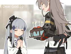 Rule 34 | 2girls, aged down, alternate costume, arm behind back, black cat, cake, cat, closed eyes, commentary request, english text, facial mark, food, girls&#039; frontline, grey hair, hair ornament, hairband, hat, highres, hk416 (black kitty&#039;s gift) (girls&#039; frontline), hk416 (girls&#039; frontline), long hair, long sleeves, mechanical arms, mini hat, mod3 (girls&#039; frontline), multiple girls, official alternate costume, open mouth, outline, own hands clasped, own hands together, photo-referenced, scar, scar across eye, scar on face, sidelocks, single mechanical arm, tianliang duohe fangdongye, ump45 (girls&#039; frontline), ump45 (mod3) (girls&#039; frontline), white outline