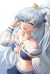 Rule 34 | 1girl, anastasia (fate), anastasia (swimsuit archer) (fate), anastasia (swimsuit archer) (third ascension) (fate), bare shoulders, bikini, blue bikini, blue eyes, blue skirt, blush, bow, breasts, cleavage, collarbone, fate/grand order, fate (series), hair bow, hair over one eye, highres, jewelry, large breasts, long hair, long sleeves, looking at viewer, miniskirt, navel, necklace, open mouth, ponytail, puffy long sleeves, puffy sleeves, silver hair, skirt, smile, solo, swimsuit, very long hair, yaxiya