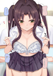 Rule 34 | 1girl, black hair, blush, bow, bow bra, bra, breasts, cleavage, clothes pull, collarbone, indoors, lace, lace-trimmed bra, lace trim, large breasts, long hair, looking to the side, mole, mole under eye, navel, neck ribbon, no shoes, norimaki (haru koubou), open clothes, open shirt, original, pleated skirt, pulled by self, red ribbon, ribbon, school uniform, shirt, shirt pull, sidelocks, sitting, skirt, solo, sweat, translation request, twintails, two side up, underwear, undressing, wariza, white bra, white shirt, yellow eyes