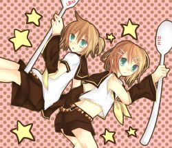 Rule 34 | 1boy, 1girl, aqua eyes, bad id, bad pixiv id, blonde hair, brother and sister, choko (pixiv962942), hair ornament, hairclip, inactive account, kagamine len, kagamine rin, midriff, necktie, oversized object, short hair, shorts, siblings, spoon, twins, vocaloid
