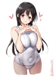 Rule 34 | 1girl, alternate costume, bare shoulders, black eyes, black hair, breast press, breasts, chikuma (kancolle), cleavage, covered navel, cowboy shot, cropped legs, ebifurya, hair between eyes, head tilt, heart, highres, interlocked fingers, kantai collection, large breasts, long hair, looking at viewer, one-piece swimsuit, own hands together, parted bangs, simple background, smile, solo, spoken heart, standing, swimsuit, thighs, twitter username, white background, white one-piece swimsuit, wide hips
