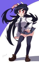 Rule 34 | 1girl, black hair, blue background, breasts, filia (skullgirls), highres, large breasts, long hair, long tongue, necktie, open mouth, pleated skirt, red eyes, saliva, saliva trail, samson (skullgirls), school uniform, sharp teeth, skirt, skullgirls, solo, standing, teeth, thighhighs, tongue, tongue out, usa (dai9c carnival), white background