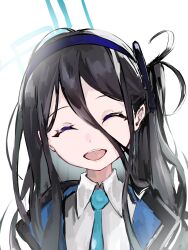 Rule 34 | 1girl, :d, aris (blue archive), black hair, black jacket, blue archive, blue hairband, blue halo, blue necktie, closed eyes, collared shirt, hair between eyes, hairband, halo, highres, jacket, long hair, long hair between eyes, necktie, nirtea34, open clothes, open jacket, open mouth, shirt, side ponytail, simple background, smile, solo, teeth, two-sided fabric, two-sided jacket, upper teeth only, white background, white shirt