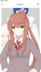 Rule 34 | 10s, 2girls, :t, anger vein, blazer, blue hair, bow, brown hair, caught, censored, closed mouth, collared shirt, commentary request, darling in the franxx, doki doki literature club, fake screenshot, feet, fourth wall, green eyes, grey jacket, hair bow, hands on own hips, ichigo (darling in the franxx), jacket, long hair, long sleeves, looking at viewer, mikan houri, monika (doki doki literature club), multiple girls, neck ribbon, novelty censor, nude, ponytail, pout, red ribbon, ribbon, school uniform, shirt, short hair, sidelocks, tweet, twitter, v-shaped eyebrows, vest, white shirt, wing collar