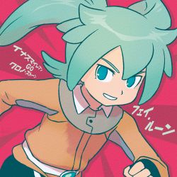 Rule 34 | 1boy, bad id, bad twitter id, commentary request, fei rune, green eyes, green hair, grin, highres, inazuma eleven go chrono stone, jacket, long sleeves, looking at viewer, male focus, orange jacket, red background, reiesu (reis), smile, solo, two-tone background, upper body