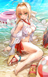 Rule 34 | 1girl, :t, ahoge, anklet, arm support, bad id, bad pixiv id, ball, barefoot, beach, beachball, bead bracelet, beads, bikini, blonde hair, blush, bracelet, braid, breasts, cleavage, closed mouth, collarbone, commentary request, criss-cross halter, day, earrings, fate/grand order, fate (series), french braid, green eyes, hair intakes, hair ribbon, halterneck, high heels, highres, innertube, jewelry, large breasts, long hair, looking at viewer, md5 mismatch, navel, nero claudius (fate), nero claudius (fate) (all), nero claudius (swimsuit caster) (fate), nero claudius (swimsuit caster) (third ascension) (fate), ocean, outdoors, platform footwear, pout, red bikini, resolution mismatch, ribbon, sand, sandals, shoes, side-tie bikini bottom, sidelocks, single shoe, sitting, solo, striped bikini, striped clothes, swim ring, swimsuit, water, white ribbon, yewang19, yokozuwari