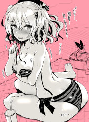 Rule 34 | 1girl, alternate costume, ass, bare arms, bare legs, bare shoulders, barefoot, beret, bikini, blush, breast hold, breasts, cleavage, collarbone, dated, drink, drinking straw, from behind, hat, highres, kantai collection, kashima (kancolle), kojima saya, large breasts, looking at viewer, looking back, monochrome, nose blush, parted lips, picnic basket, signature, solo, striped bikini, striped clothes, sweat, swimsuit, tears, translated, twintails, untied bikini, wardrobe malfunction, wavy mouth