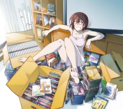 1girl acai barefoot box brown_hair camisole cardboard_box feet female_focus full_body glasses grin kine-san_no_1-ri_de_cinema kine_machiko looking_away purple_eyes shelf short_hair short_shorts shorts smile soles solo toes