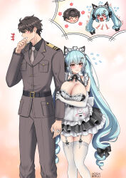 1boy 1girl absurdres animal_ears apron aqua_hair cat_ears commander_(nikke) elbow_gloves garter_straps gloves goddess_of_victory:_nikke height_difference highres hoshiberuu long_hair low_neckline maid maid_apron maid_headdress military_uniform paw_hair_ornament privaty_(nikke) privaty_(unkind_maid)_(nikke) thighhighs twintails very_long_hair white_garter_straps white_gloves white_headdress white_thighhighs yellow_eyes