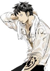 Rule 34 | 1boy, absurdres, black hair, from side, hand up, highres, looking at viewer, male focus, one piece, see-through, see-through shirt, shirt, sleeves rolled up, solo, tachibana (7k yj), tattoo, trafalgar law, wet, wet clothes, wet shirt, white background