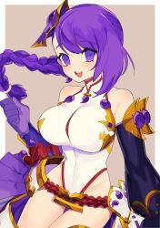 Rule 34 | 1girl, :d, bare shoulders, belt, bracer, braid, breasts, clenched hand, detached sleeves, gloves, hacco mayu, highres, leotard, long hair, looking at viewer, open mouth, pleated skirt, purple eyes, purple gloves, purple hair, puzzle &amp; dragons, skirt, smile, solo, teeth