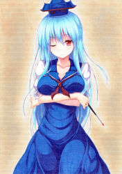 Rule 34 | 1girl, blue dress, blue hair, breasts, cleavage, colored pencil (medium), crossed arms, dress, hat, highres, kamishirasawa keine, kittona, large breasts, long hair, looking at viewer, millipen (medium), one eye closed, red eyes, solo, touhou, traditional media, watercolor pencil (medium)