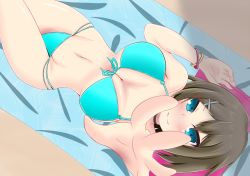 Rule 34 | 10s, 1girl, bikini, blue eyes, blush, breasts, brown hair, cleavage, front-tie bikini top, front-tie top, groin, hair ornament, kantai collection, looking at viewer, maya (kancolle), medium breasts, mikami (yuetumapo), mikamiu3002, multi-strapped bikini bottom, navel, outstretched arm, smile, solo, swimsuit, towel, x hair ornament